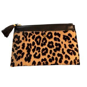 J CREW Leather & Leopard Cow Hide Clutch Wallet Zipper Cosmetic Case Bag Animal